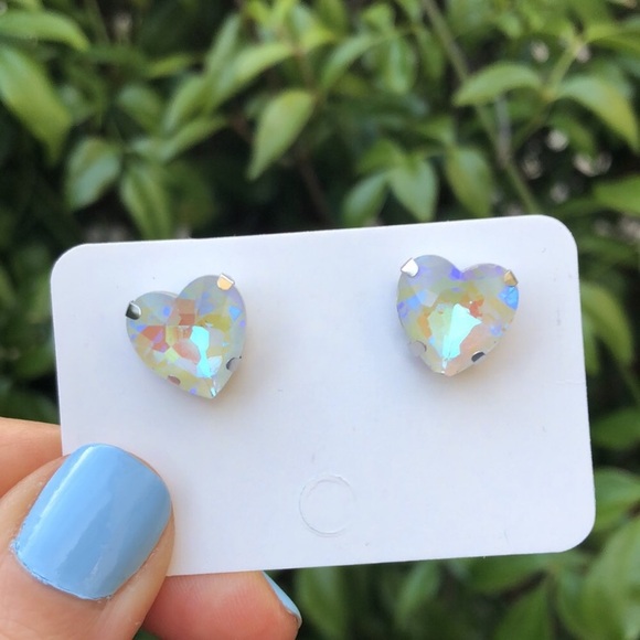 White Aurora Borealis Crystal Heart Earrings - Picture 2 of 4